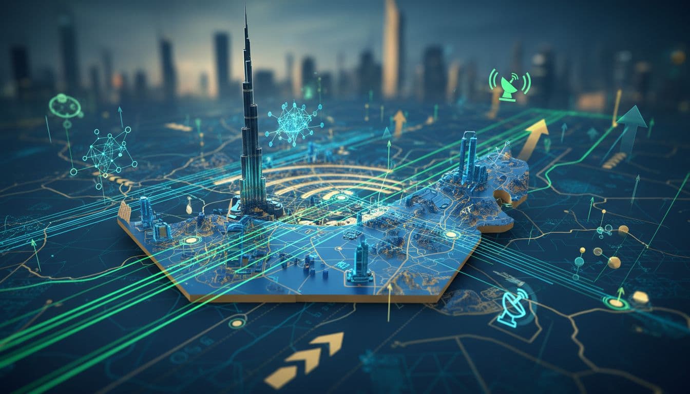 Abstract digital map of Dubai with AI and satellite data overlays, showing connected nodes and efficient services