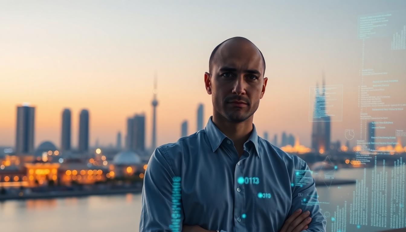 Abstract visualisation of an AI Investigator analysing financial data with Abu Dhabi Global Market skyline.