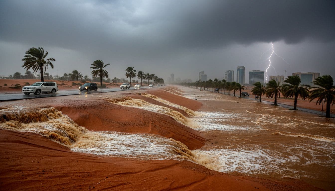 Flooded streets in Al Dhafra with desert waterfalls, cars navigating high water under grey skies
