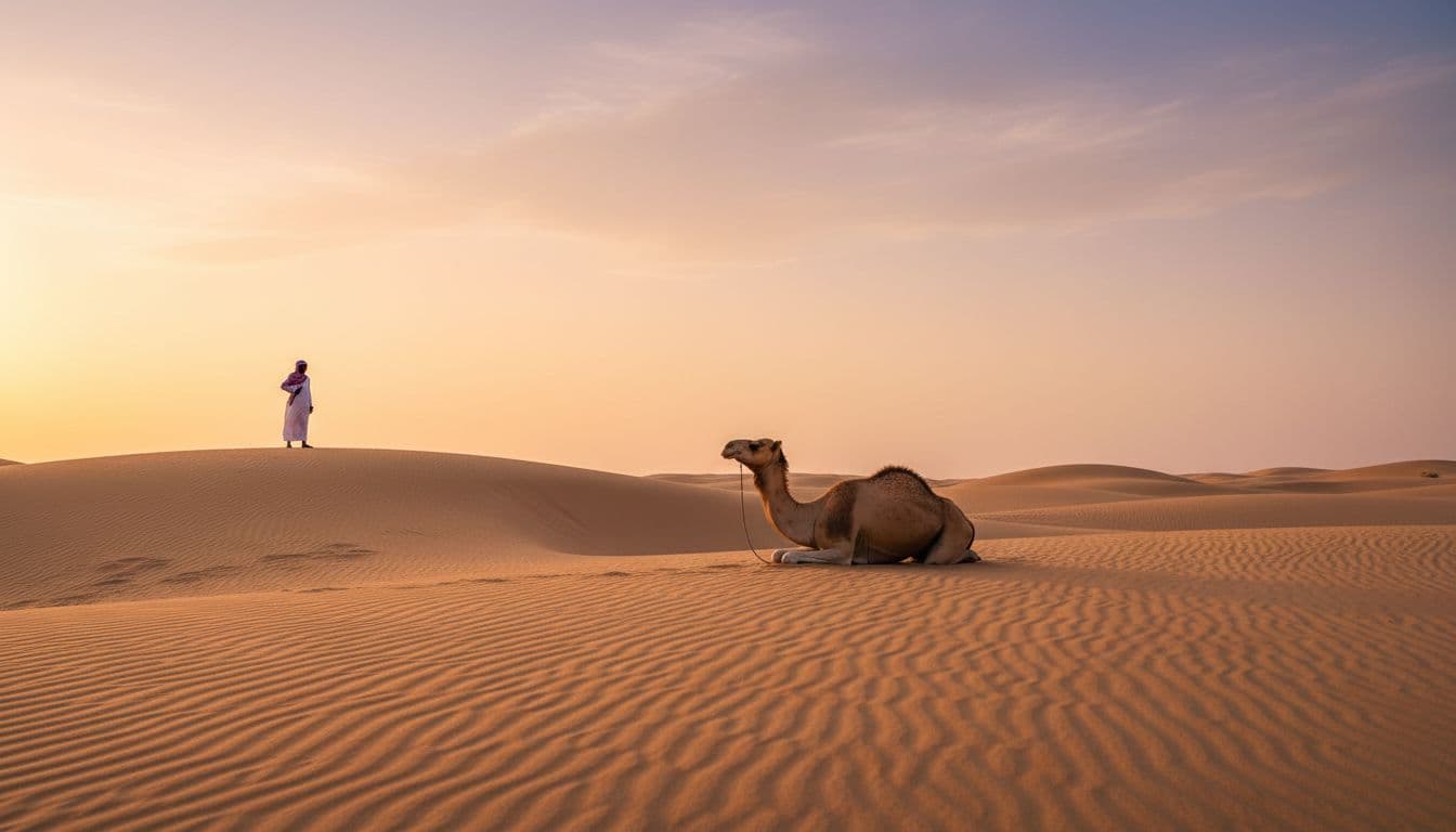 Golden sand dunes glow at sunrise in Dubai's Al Marmoom Desert Reserve, with a single resting camel and one relaxed person viewing the vast empty horizon in peaceful solitude.