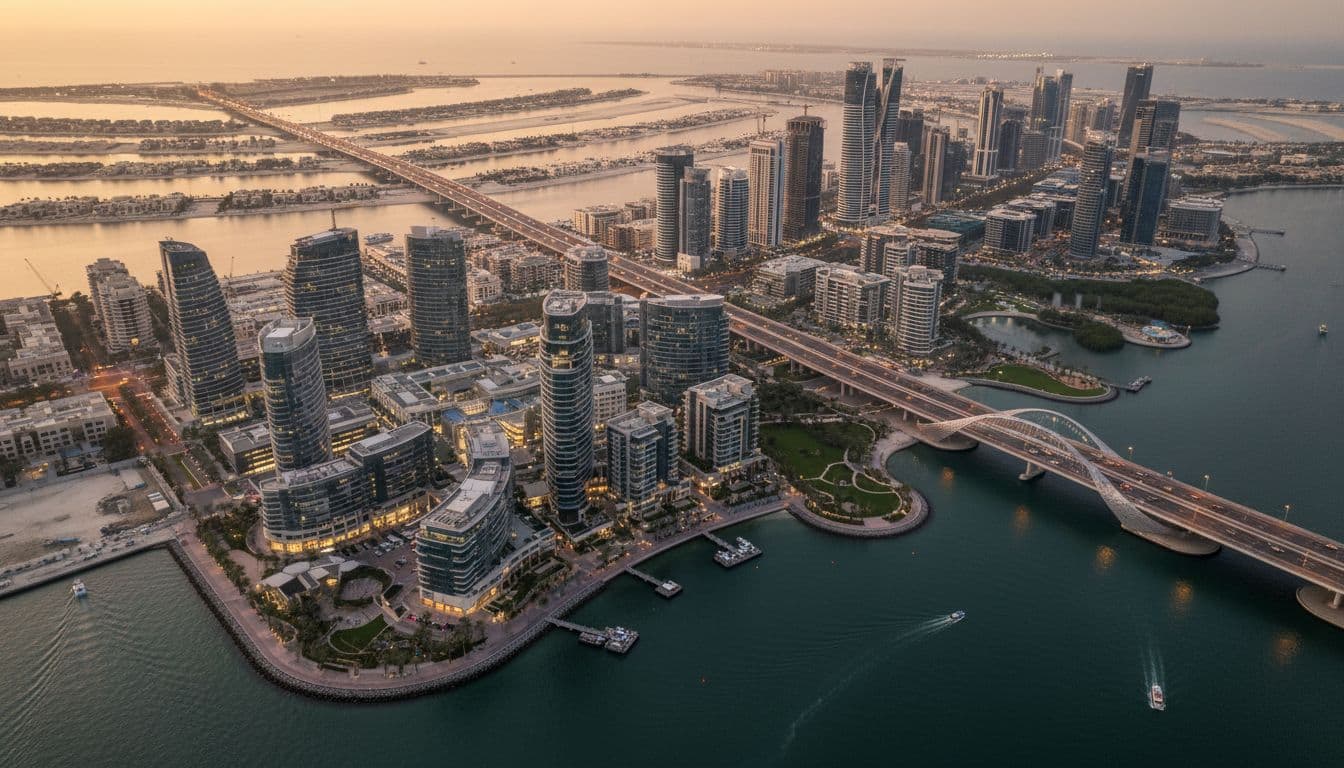 Aerial view of Al Maryah Island expansion in Abu Dhabi at sunset