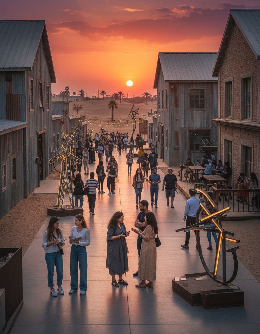 People walking among art galleries and installations at Alserkal Avenue in Dubai. Image generated by AI.