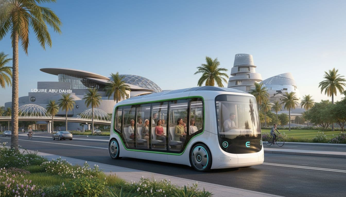 Electric autonomous bus on a modern Abu Dhabi street near museums