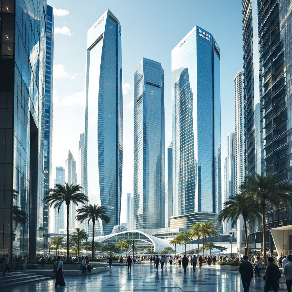 Modern glass skyscrapers in Business Bay with people walking, reflecting new commercial growth