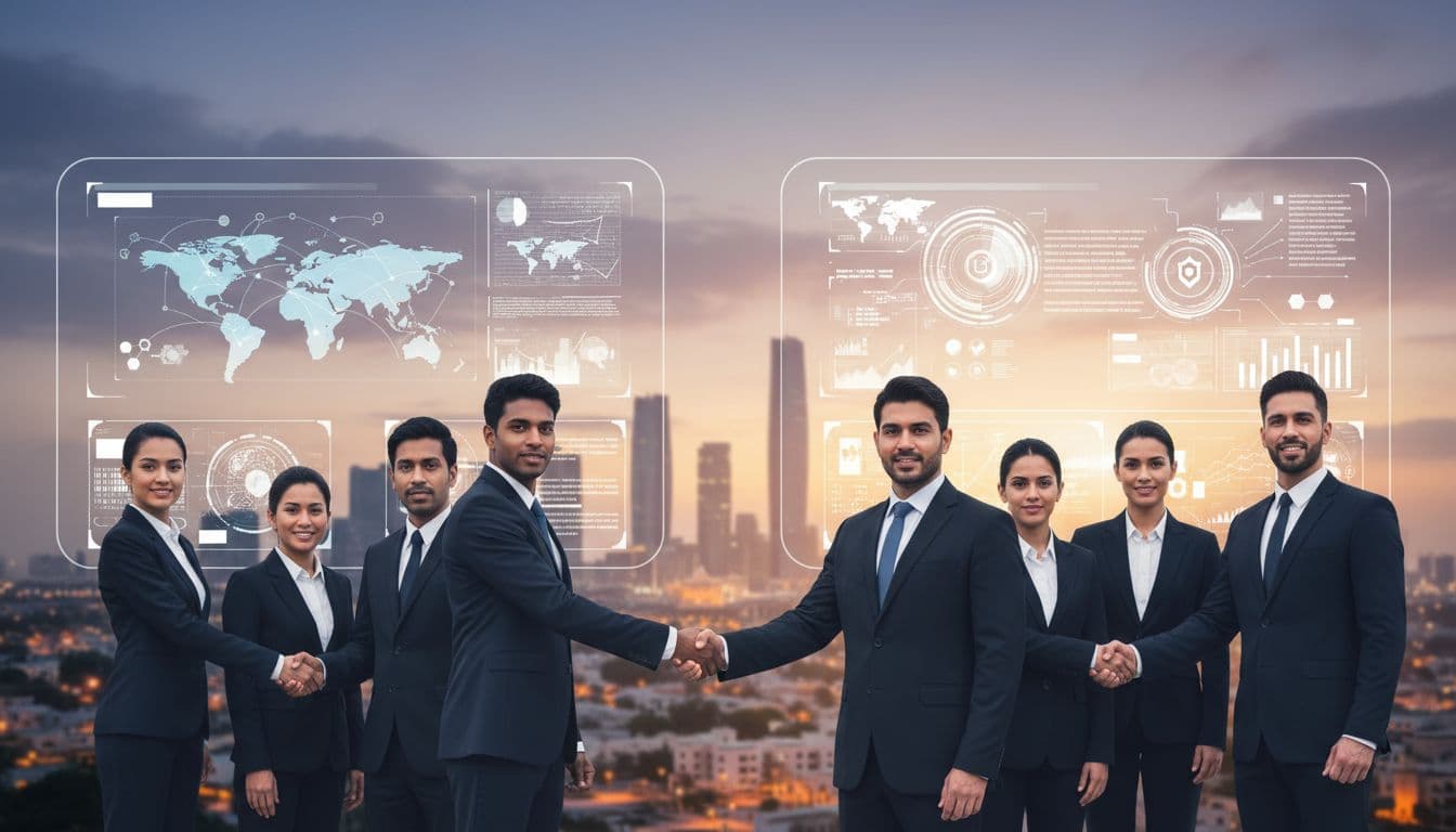Business leaders shake hands in front of Abu Dhabi’s skyline, symbolising new partnerships and major investments.