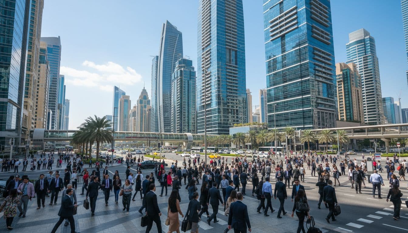 AI image of a vibrant Dubai business district with pedestrians and towers, symbolising economic momentum