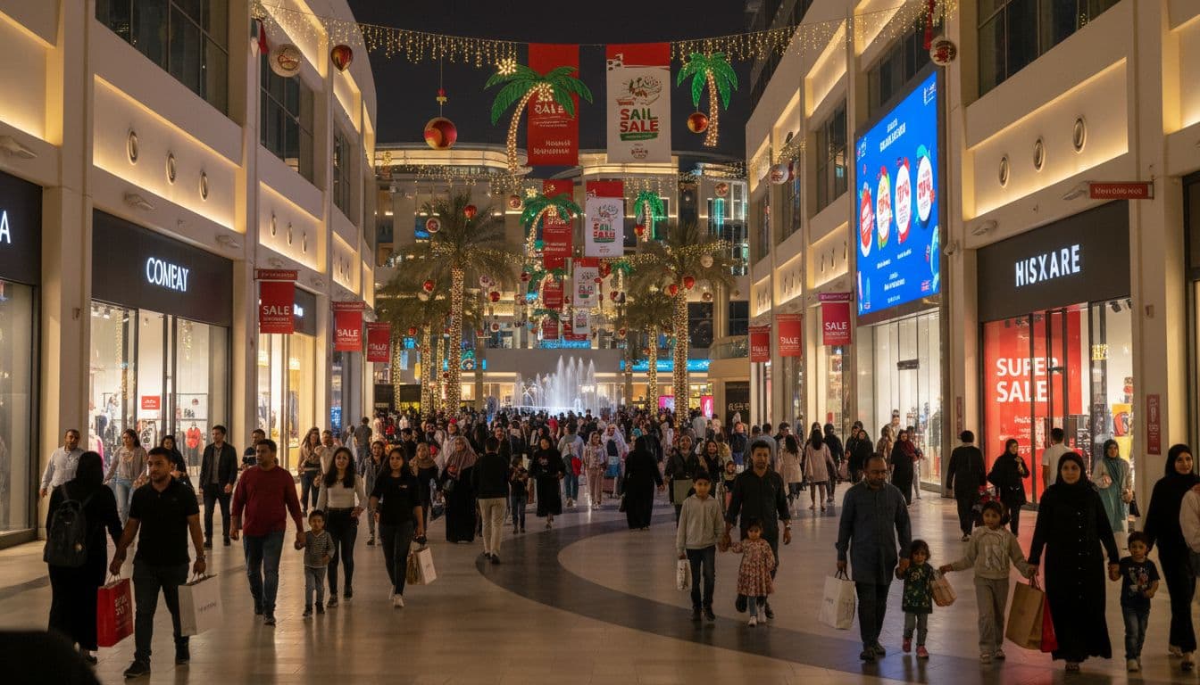 Busy shoppers at Dubai Festival City Mall during a super sale, with bright lights, fountains and UAE flags in the evening
