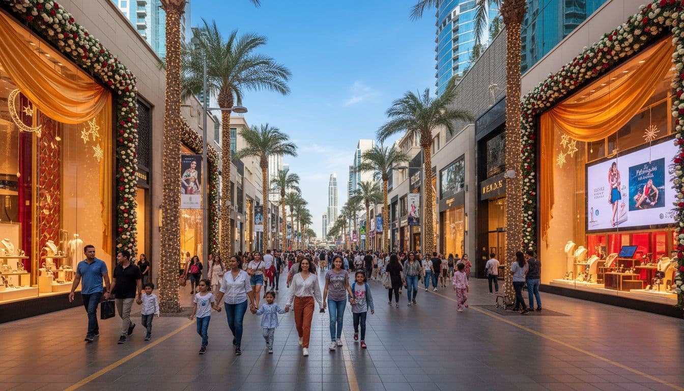A lively Dubai shopping street with lit storefronts, families walking, palm trees and festive decor. Image created with AI.