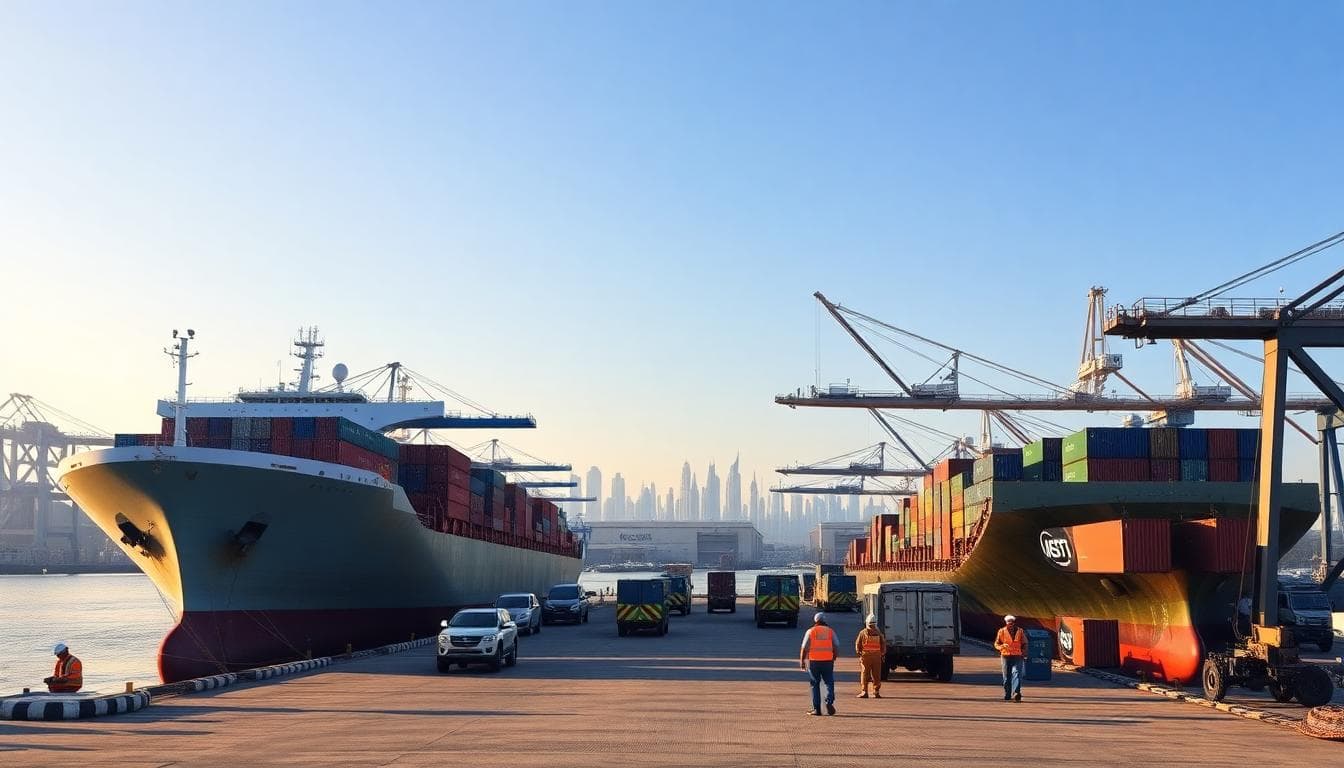 Container cranes and ships working at dawn in a Middle East port