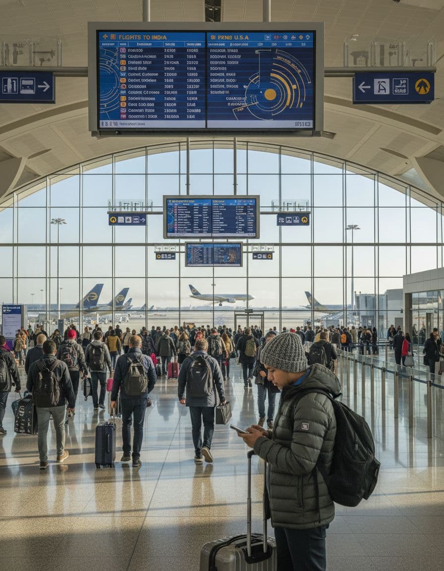 Busy Abu Dhabi airport terminal with Etihad planes and winter travellers. Image created with AI.