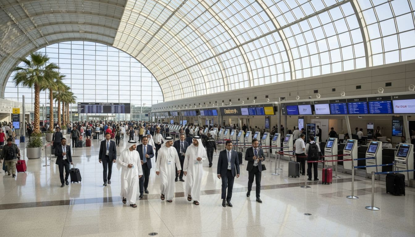 DXB terminal check by leadership, travellers and officials at check-in, bright concourse, Image created with AI