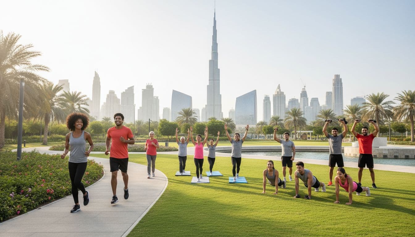 People doing outdoor workouts in a Dubai park with skyline view