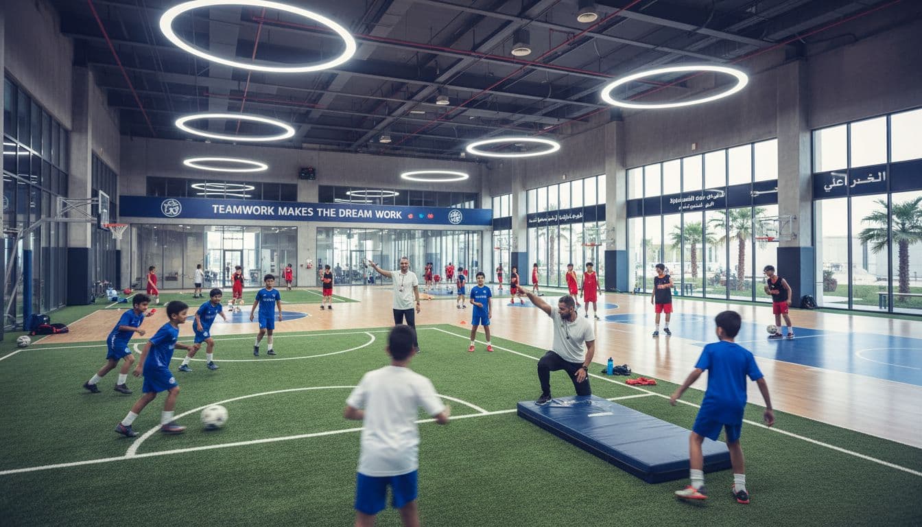 AI-generated image of diverse young athletes in a modern indoor sports facility in Dubai, training with coaches who emphasise teamwork and safety.