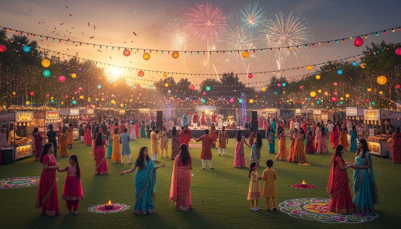 Diwali celebration in a UAE park at golden hour with lights, families, music and fireworks