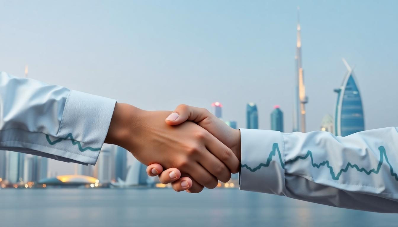 Dubai and Abu Dhabi skyline with business handshake and rising financial charts. Image created with AI.