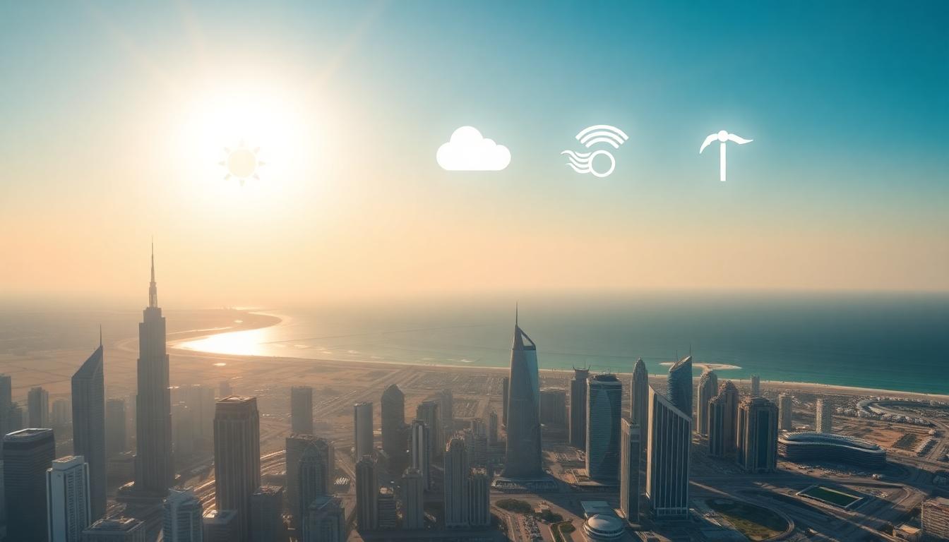 Dubai and Abu Dhabi under a bright morning sun, weather icons (sun, clouds, humidity, wind) across the city skyline, calm desert and sea in the background. Image created with AI.