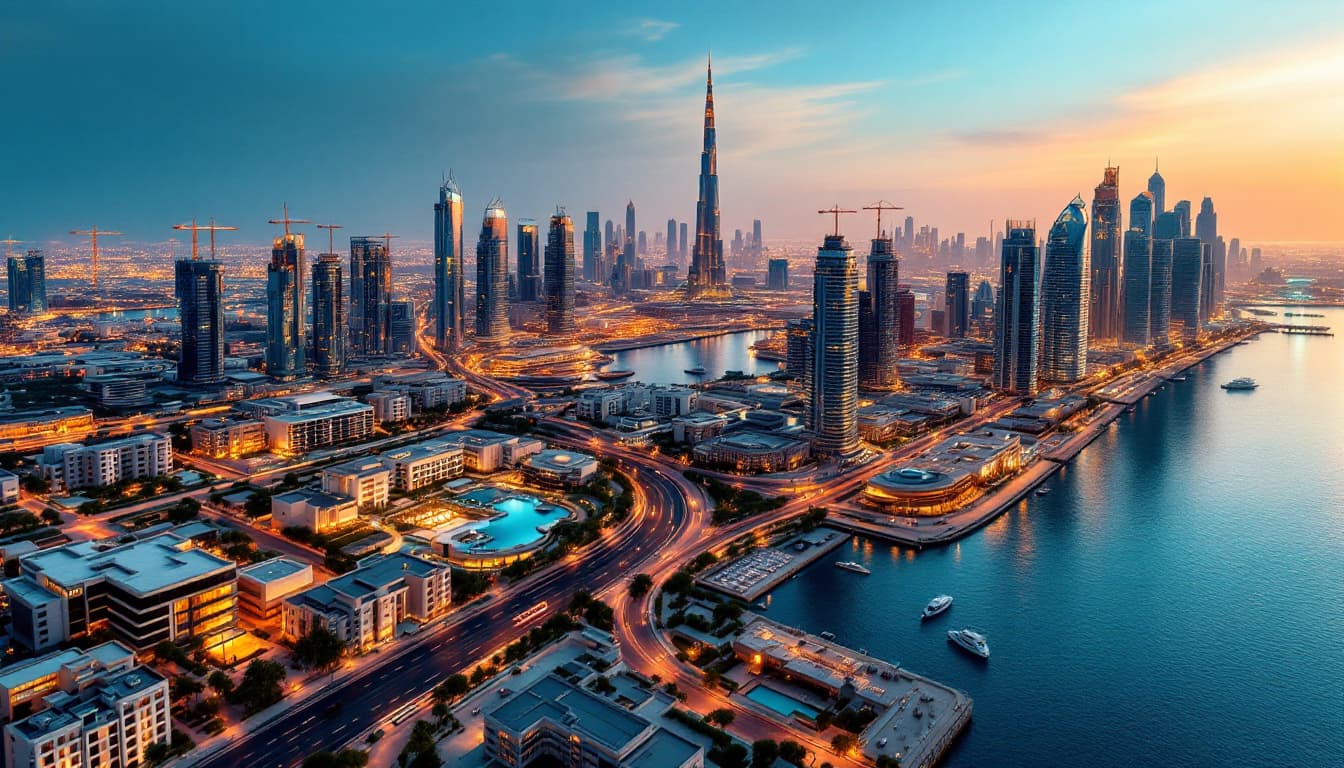 AI image of Dubai skyline and waterfront growth at dusk