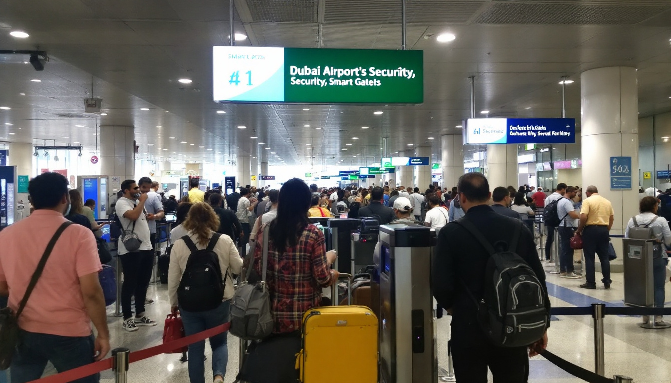 Dubai Airport modern security area with Smart Gates and efficient screens. Image created with AI.