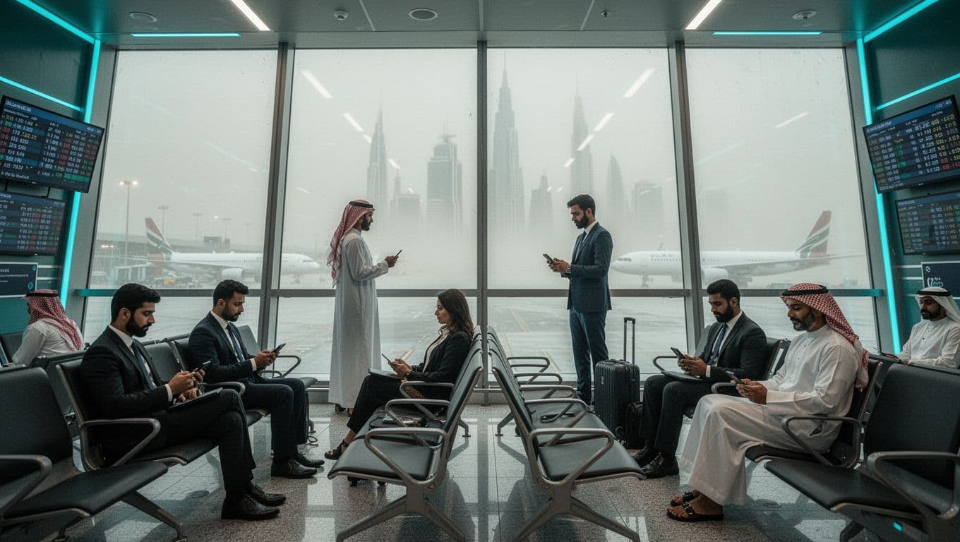 Modern Dubai International Airport terminal interior with low visibility haze from Shamal dust storm; diverse passengers check delayed flights on phones while seated, hazy skyline and planes visible outside.