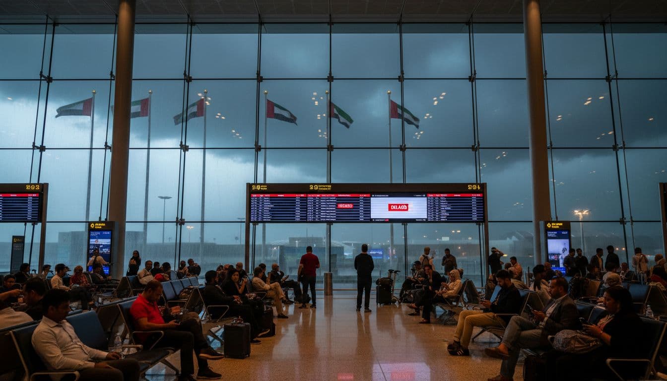 Dubai airport terminal during storm disruption, 18 December 2025 – UAEThrive