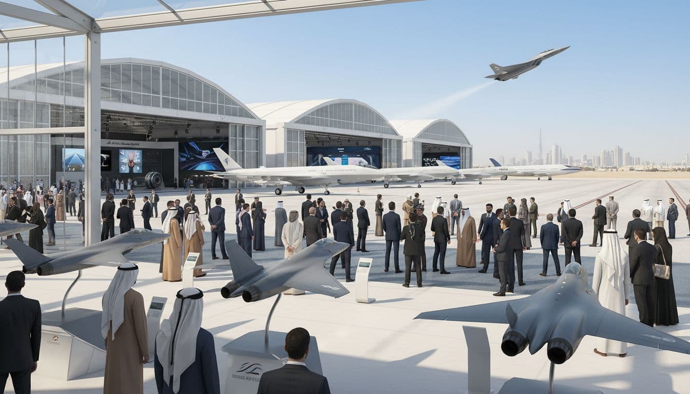 Dynamic scene at Dubai Airshow 2025 with aircraft on display and visitors exploring exhibits