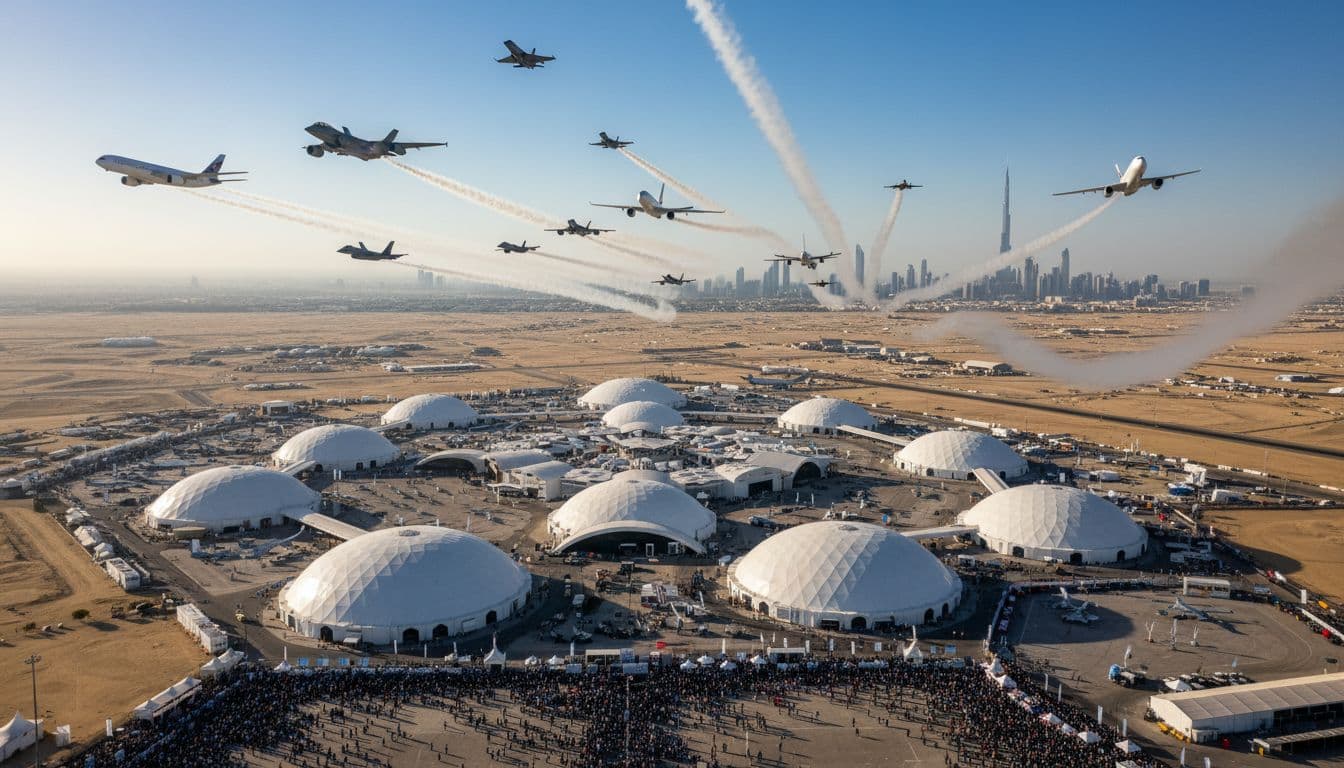 Flight display at Dubai Airshow 2025 over Dubai skyline