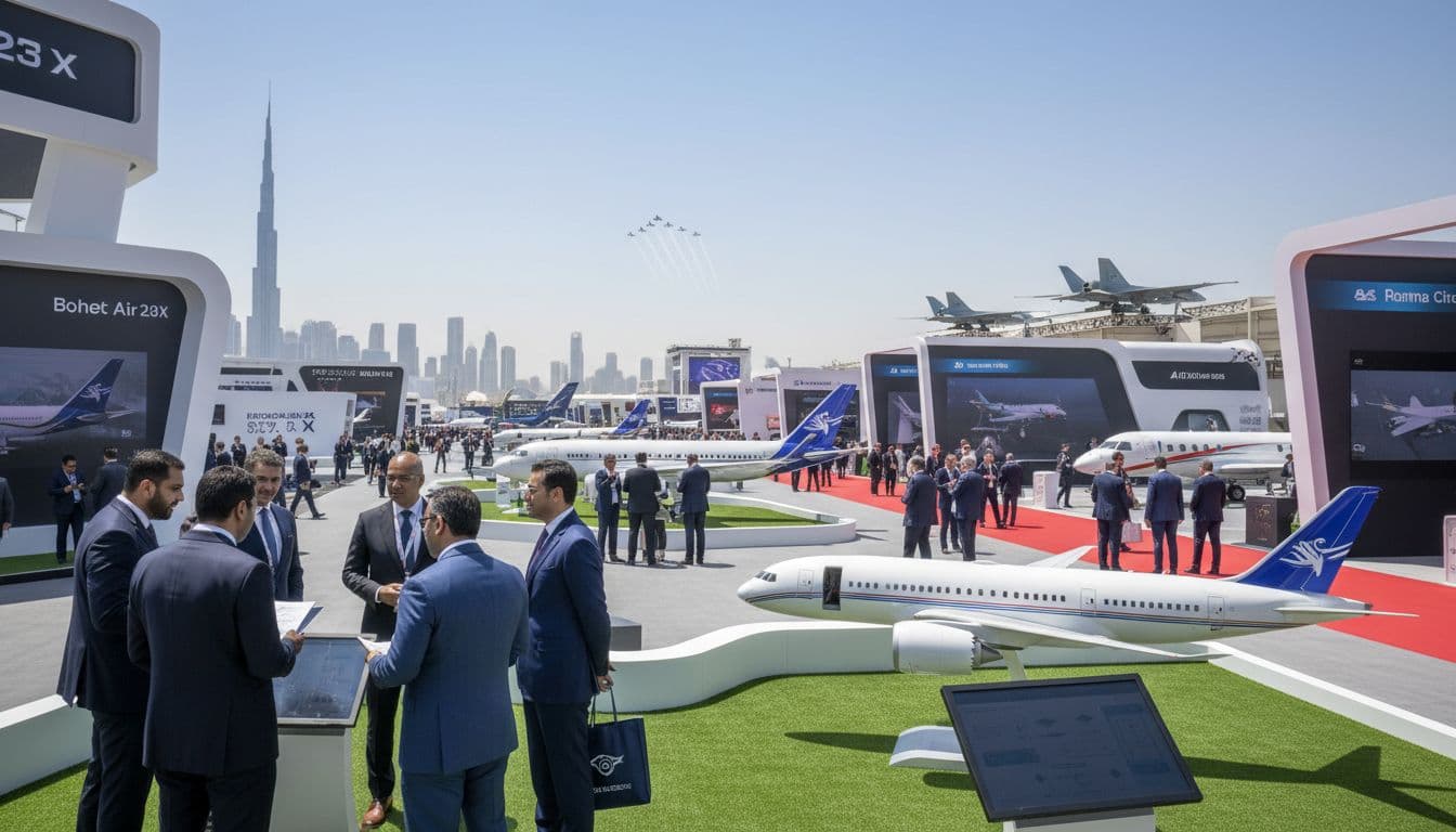 AI generated image of Dubai Airshow 2025 with aircraft on display, business visitors and Dubai skyline in the background.