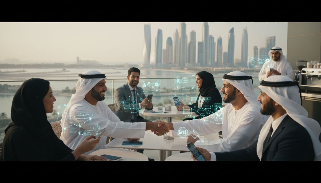 Business owners in Dubai using mobile blockchain wallets for cross-border payments in a cafe, Dubai skyline in background, image created with AI