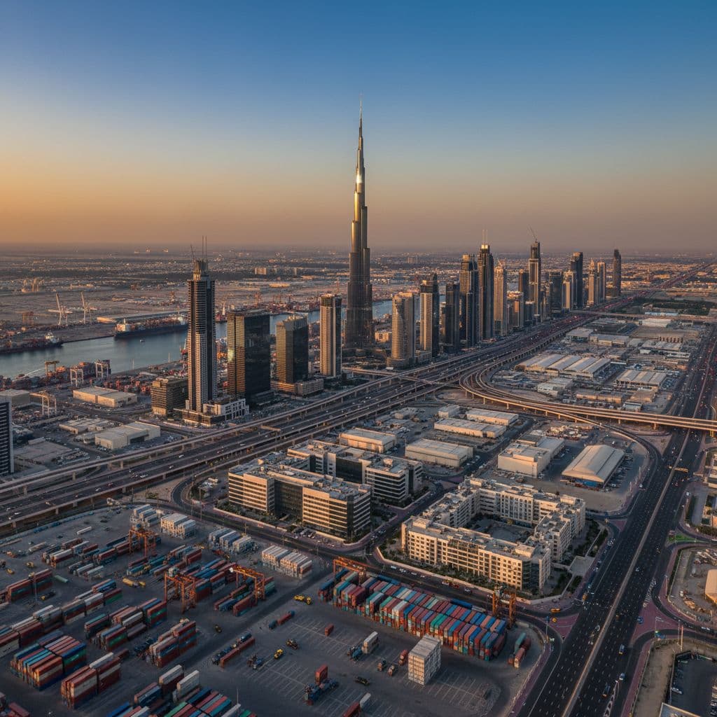 Aerial view of Dubai’s business district, ports and free zones at dusk, showing skyscrapers, highways and cargo activity. Image created with AI.