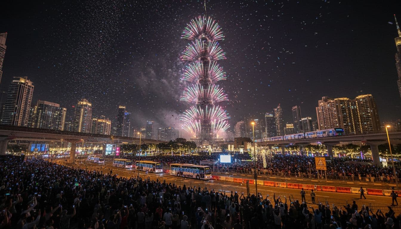 Dubai New Year fireworks over Burj Khalifa with crowds and public transport