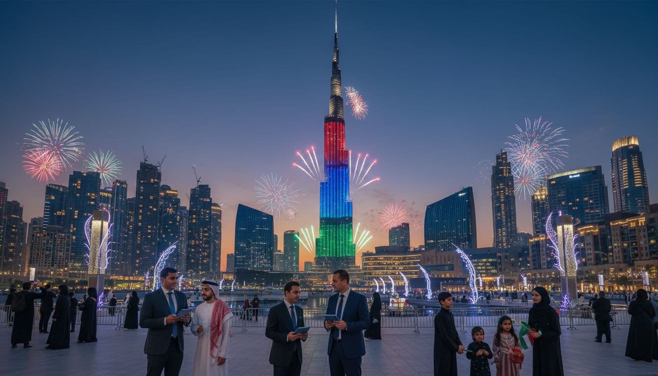 Dubai skyline at dusk with festive lights and business people in the foreground