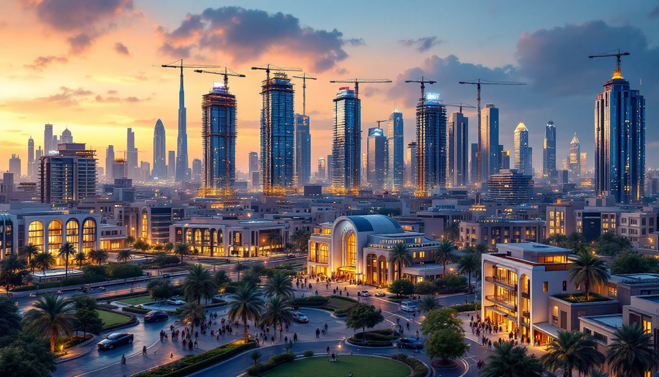 A vibrant cityscape of Dubai at dusk showing a dense skyline, new residential towers, busy streets, and modern schools—highlighting population growth and real estate energy. Image created with AI.