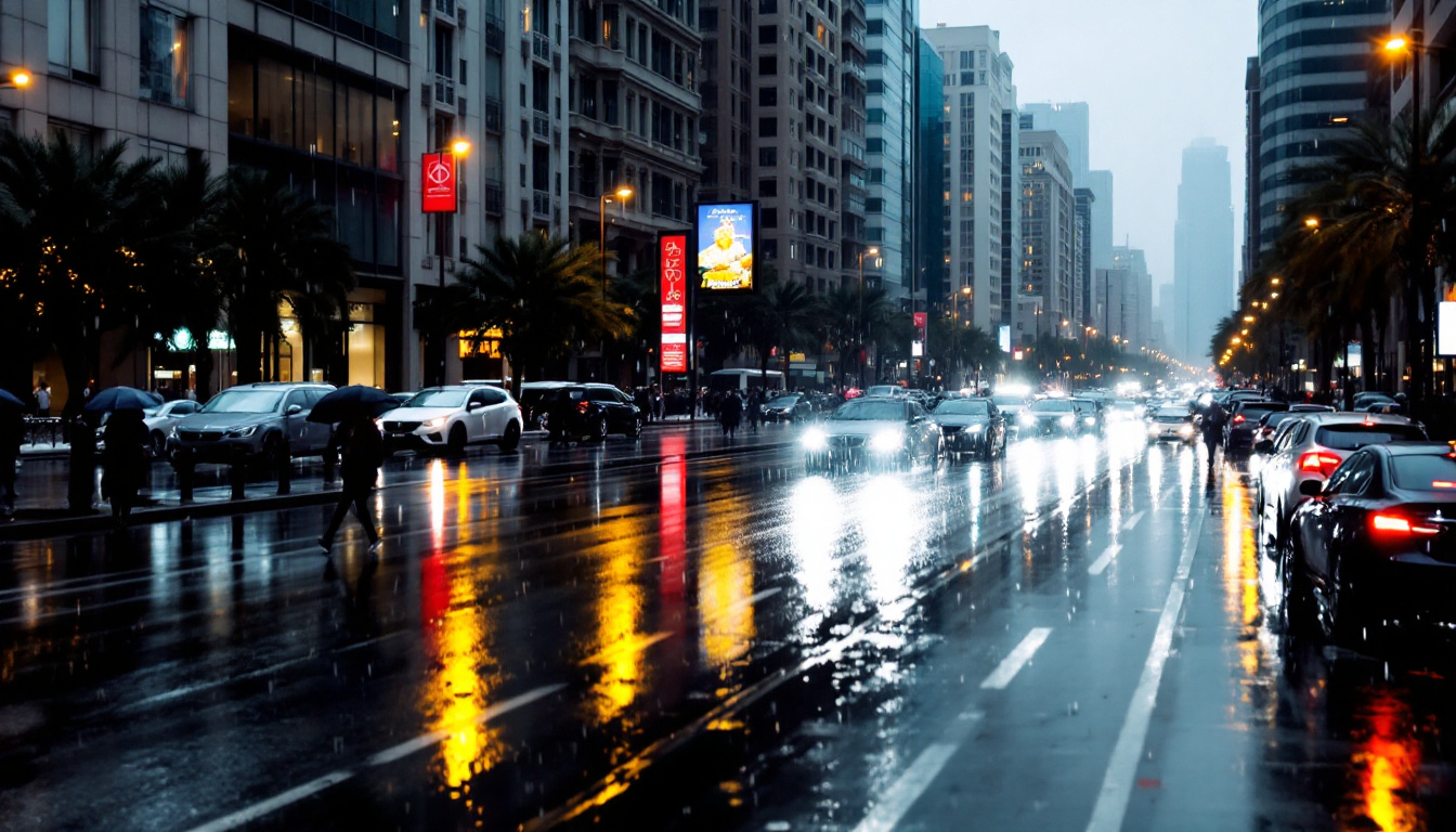 Dubai cityscape during a rainy day with reflections on wet roads, cars, and pedestrians holding umbrellas. Image created with AI.