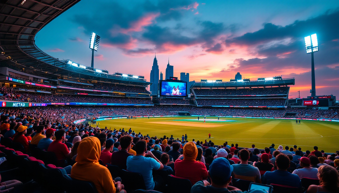 A packed cricket stadium in Dubai, fans in UAE colours, with Metro signage and big screens. Image created with AI.