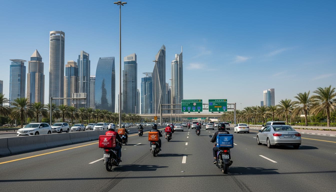 Delivery motorbikes on a Dubai highway with safety gear and signage