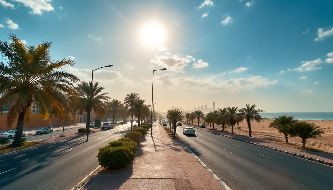 Desert city in Dubai under sunny, partly cloudy skies with palm trees and heat haze. Image created with AI.