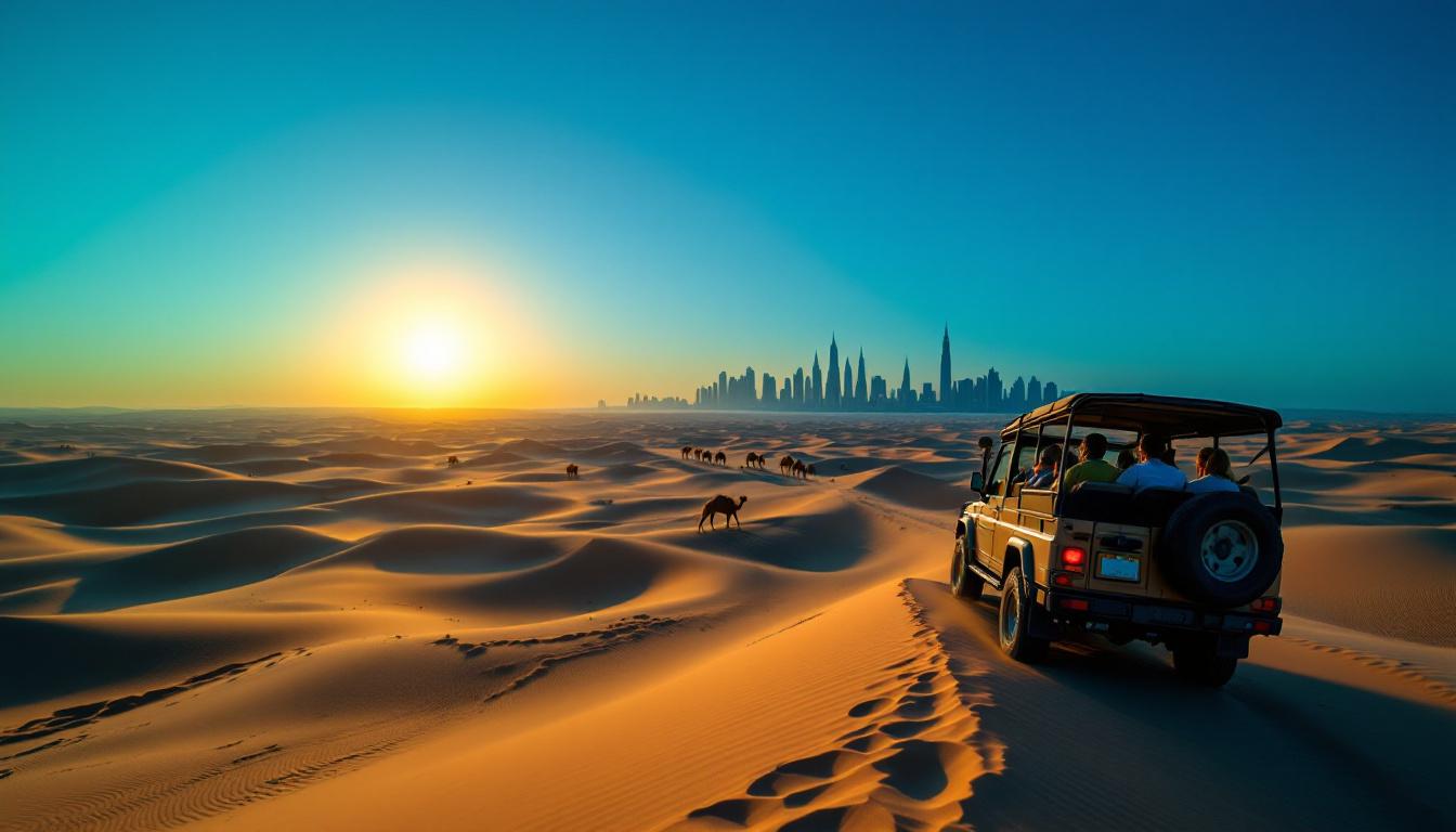 Dubai desert safari tour with 4x4 and camels at golden hour