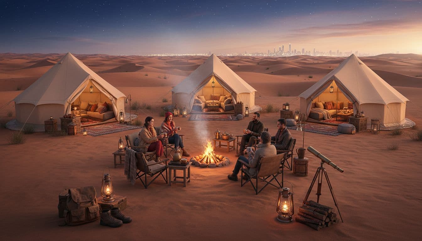 Desert winter camping scene near Dubai at sunset with tents and a campfire