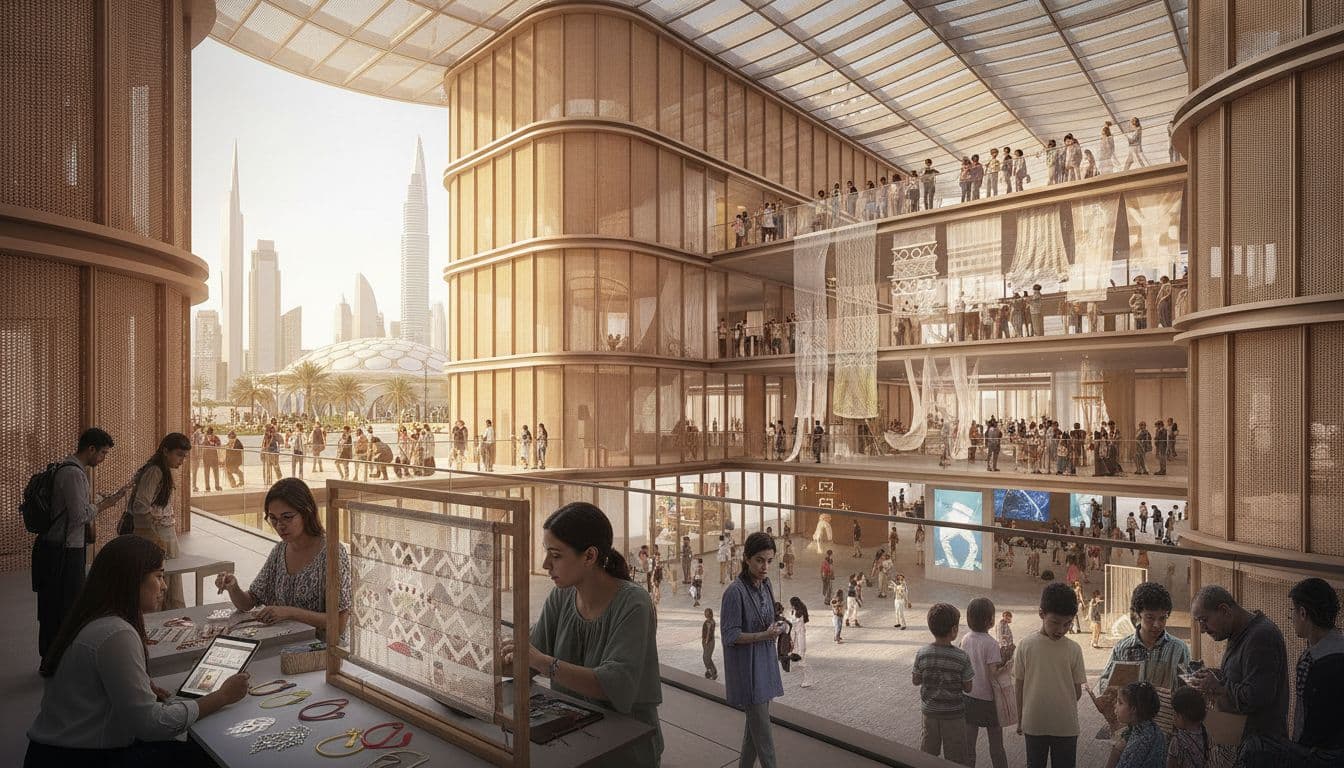 Modern arts building at Expo City Dubai with visitors enjoying exhibitions and craft workshops
