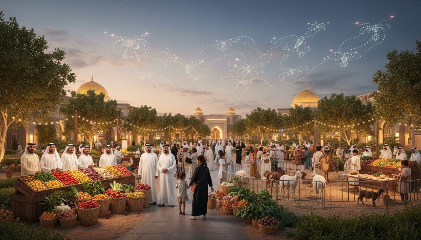 Families and Emirati farmers at Dubai Farmers’ Souq in Quranic Park. Image generated by AI.