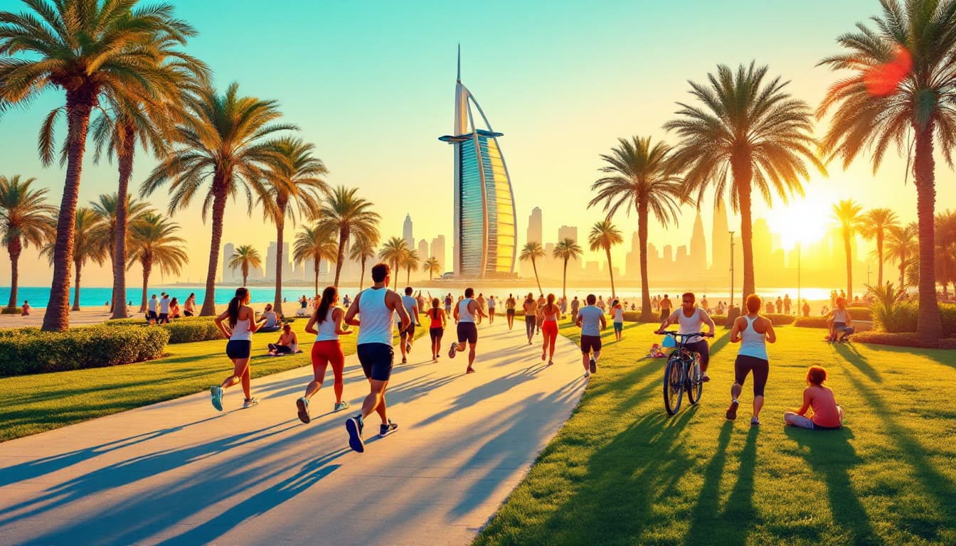 Groups jogging on the beach at sunrise, yoga in a palm-lined park, and cyclists near Dubai landmarks under a clear blue sky