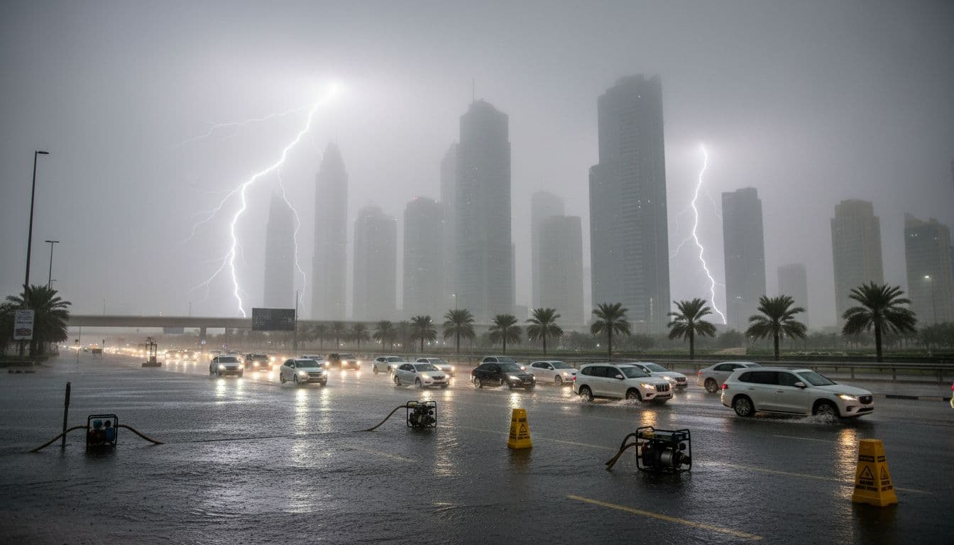 Waterlogged Dubai street during severe rain, 18 December 2025 – UAEThrive