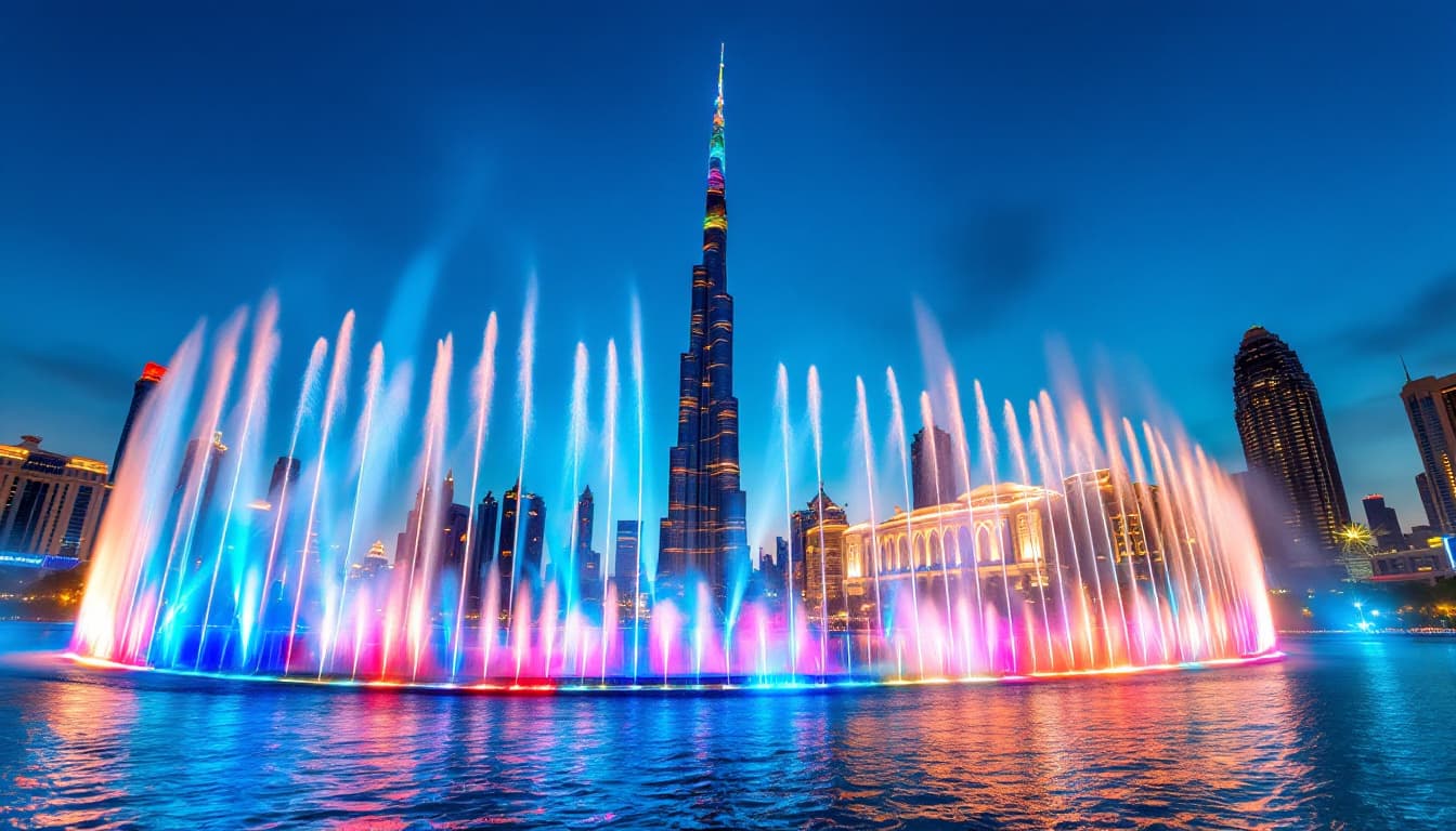 The Dubai Fountain show bursting with colour and light, with Burj Khalifa in the background