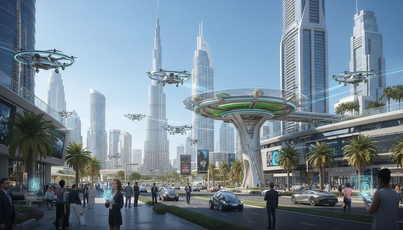 Dynamic scene of Dubai with air taxis near Burj Khalifa, smart parking and busy streets