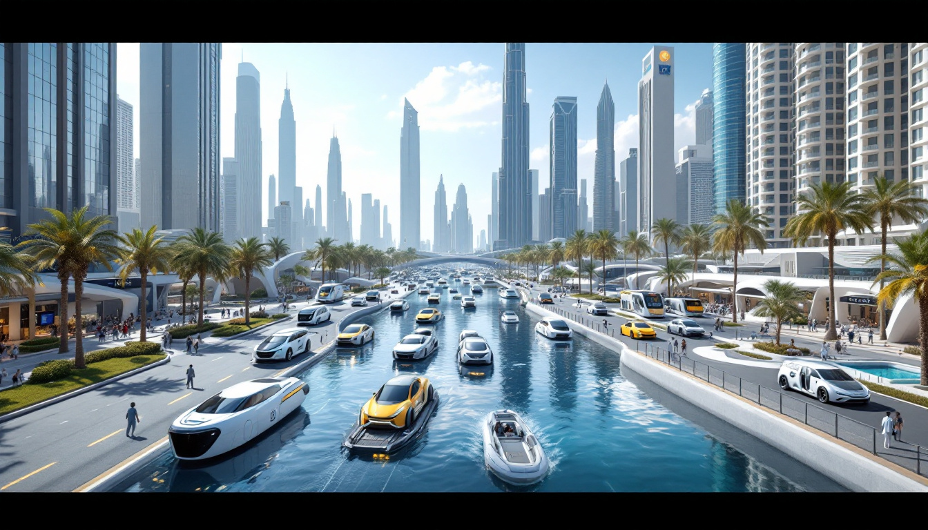 Realistic visualisation of Dubai’s 15 km self-driving zone with robotaxis, autonomous boats, an integrated metro link, and delivery bots in broad daylight, framed by palm-lined paths and modern towers