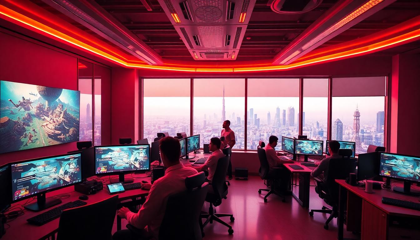 Inside a Dubai game development studio, with neon lighting and teams working on game concepts and code, city skyline visible.