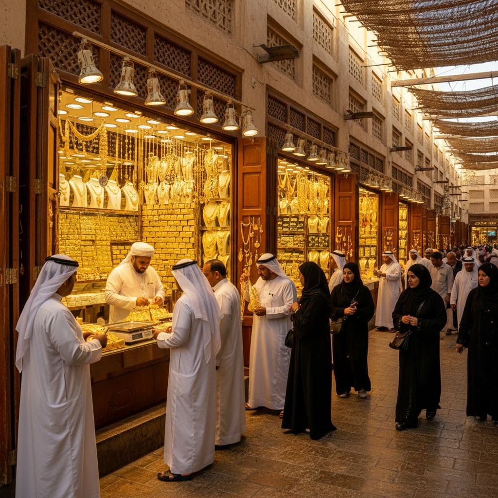Bustling Dubai Gold Souk with shoppers and bright jewellery displays