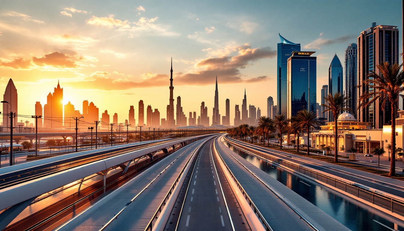 Dubai cityscape at golden hour, featuring Etihad Rail foreground and Dubai Marina skyline