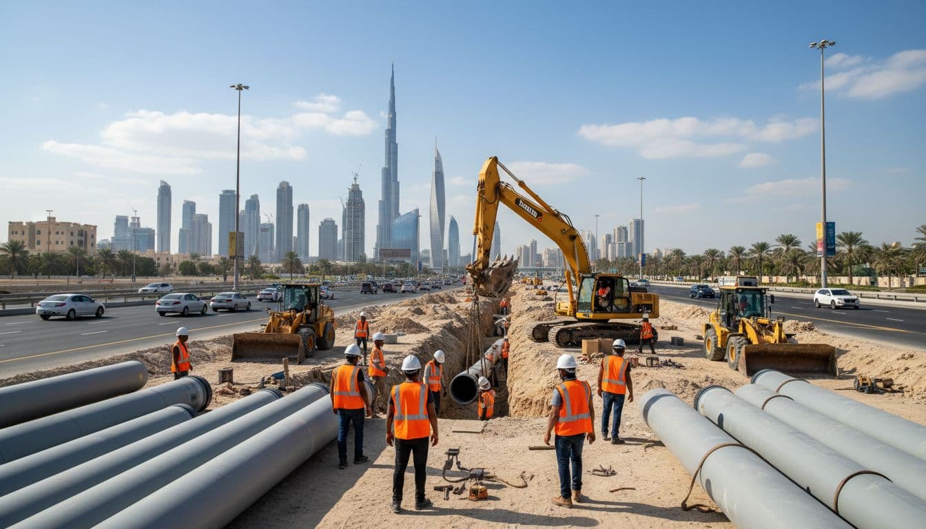 Workers installing GRE water pipelines along a busy road in Dubai with the skyline in the background