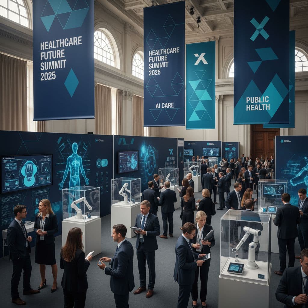 Healthcare professionals and visitors exploring AI health tech at a major summit in Dubai